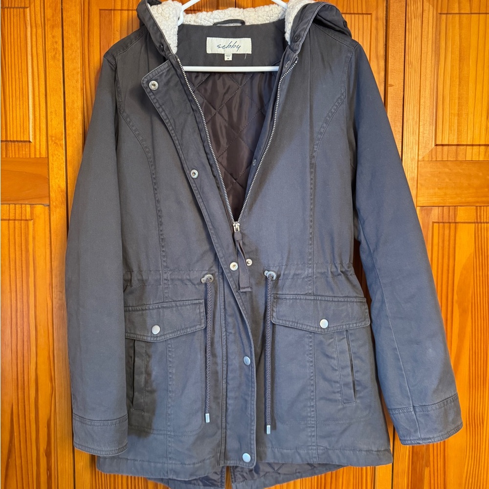 Sebby Gray Utility Jacket with Hood and Full-Length Zipper